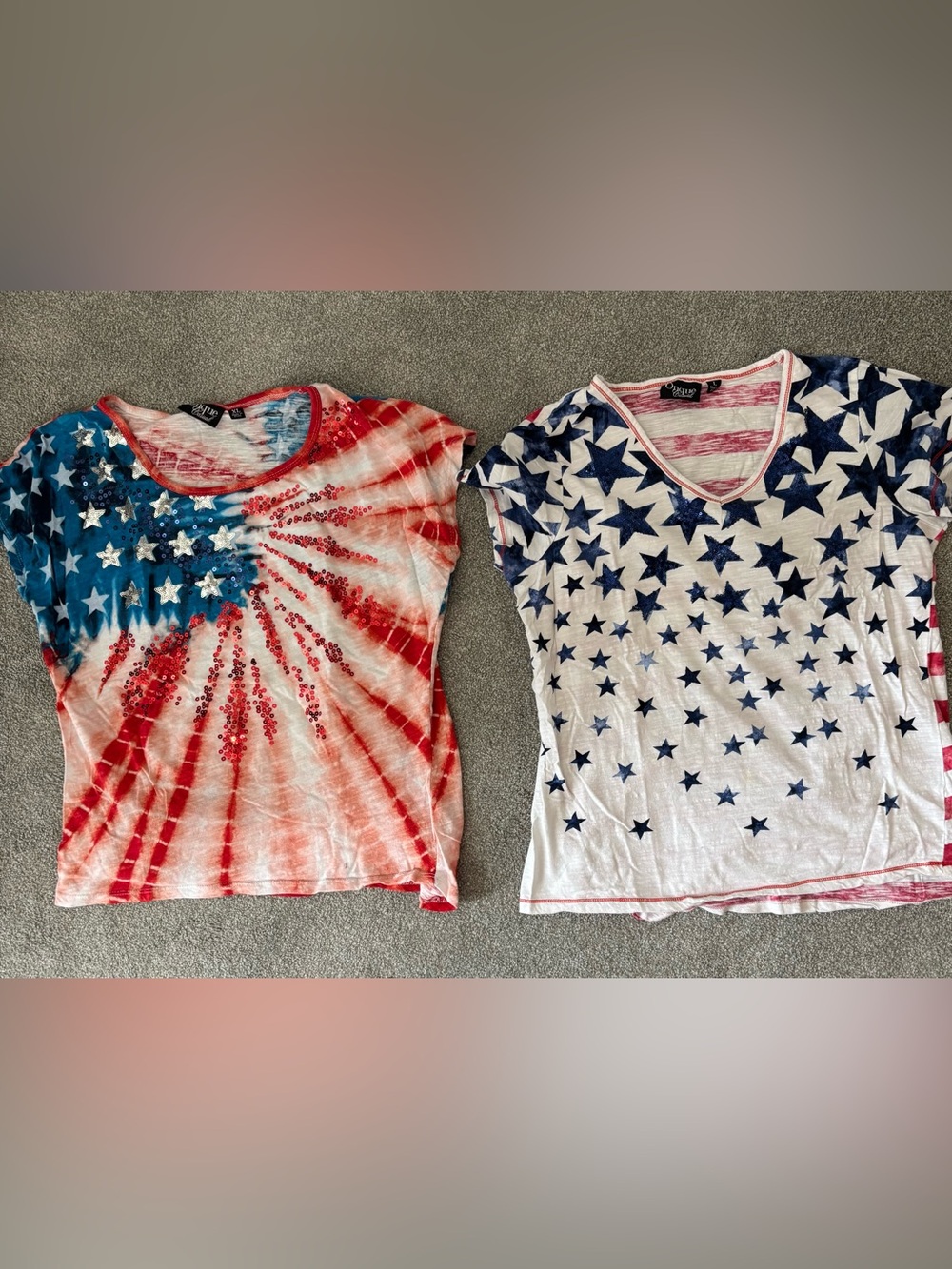 Two Onque Casuals Red, White & Blue Striped Star and Flag Tees (size L and XL)